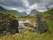 Rocky fjord bay overgrown with moss, behind wooden house and high mountain tops, Fredvang, Lofoten, Nordland, Norway, Europe