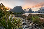 Mitre Peak and Mount Philipps, sunset, fjord landscape, Milford Sound, Fiordland National Park, Te Anau, Southland, South Island, New Zealand, Oceania