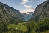 View of the Obersee and Königssee from the Röthsteig, behind Watzmann, Berchtesgaden National Park, Upper Bavaria, Bavaria, Germany, Europe