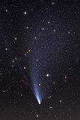 Comet Neowise in the night sky. Its bifid tail is made of ions (blue) and dust and water (white plume), France