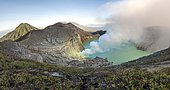 Volcano Kawah Ijen, volcanic crater with crater lake and steaming vents, morning light, Banyuwangi, Sempol, Jawa Timur, Indonesia, Asia