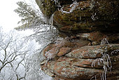 Ruiniform rocky frosted red sandstone piton, Vosges du Nord Regional Nature Park, France