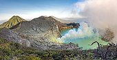 Volcano Kawah Ijen, volcanic crater with crater lake and steaming vents, morning light, Banyuwangi, Sempol, Jawa Timur, Indonesia, Asia