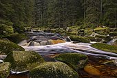 Waterfall at the Vydra with huge boulders in the riverbed, Sumava National Park, ?umava, Czech Republic, Europe