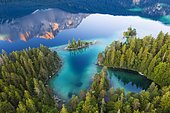 Eibsee lake with Braxen island and water reflection of the Zugspitze in the morning light, near Grainau, Werdenfelser Land, aerial view, Upper Bavaria, Bavaria, Germany, Europe