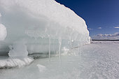 The edges of the sea are frozen with ice in winter, Arctic circle Dive Center, White Sea, Karelia, northern Russia