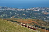 Rhune cogwheel train and view of the bay of Saint-Jean-De-Luz, Basque Country, France