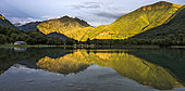 Reflection of the mountains on the lake of Valbonnais, Matheysine, Parc National des Ecrins, Isère, Auvergne Rhône Alpes, France