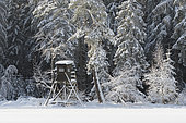 Hunting blind in winter, Hesse, Germany, Europe