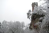 Ruin of the Waldeck dungeon in the frosty forest, Vosges du Nord Regional Nature Park, France