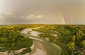 Isar in evening light with rainbow, nature reserve Isarauen, near Geretsried, drone shot, Upper Bavaria, Bavaria, Germany, Europe