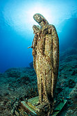 Statue of Virgin Mary, Vervece rock, Marine Protected area Punta Campanella, Massa Lubrense, Penisola Sorrentina, Costa Amalfitana, Italy, Tyrrhenian Sea, Mediterranean