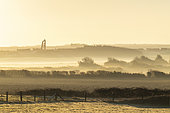 Village of Audinghen in the mist at sunrise, Opal Coast, Hauts de France, France