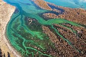 Isar at the inlet into the Sylvensteinsee, near Lenggries, Isarwinkel, drone image, Upper Bavaria, Bavaria, Germany, Europe