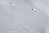 Tracks of skiers in the snow in the Valais Alps, Switzerland.