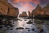 Rock formations in the sea, dawn, sandstone cliff, Ponta da Piedade, Algarve, Lagos, Portugal, Europe