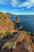 The creeks of Cap Dramont, in the Esterel Massif. A small classified and protected massif created by a volcanic activity dating from the Permian (primary era) and formed by rhyolites (porphyries) with brilliant colours under the setting sun. Var, France