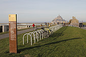 Bicycle park on the tourist trail along the Couesnon river to Mont Saint-Michel, Manche, France