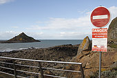 Information panel on strong tidal currents in Pléneuf-Val-André, Côtes-d'Armor, Brittany, France