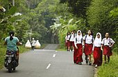 Schoolgirls, girls in school uniform on the street, Losari Village, Magelang, Java, Indonesia, Asia