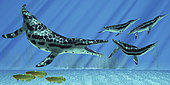 A pod of Dolichorhynchops try to escape from a huge Kronosaurus marine reptile as Asian Arowana fish swim the other way.