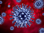 3D illustration of a blue colored coronavirus on a red background.