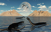 A group of Plesiosaurs relaxing on a Jurassic Day.