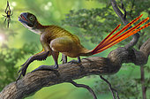 Epidexipteryx dinosaur perched on a branch ready to eat a nearby spider.