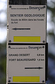 Hiking signs, Geological trail, hill and fort of Brégille, Besançon, Doubs, France