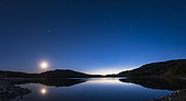 A panorama of the western sky in deep twilight at Reesor Lake in the Cypress Hills of southeast Alberta, in the Cypress Hills Interprovincial Park, a Dark Sky Preserve. The sky is still deep blue with twilight and the sky to the northwest bright with the last of the sunset glow. The bright object at left to the southwest is the 5-day-old waxing crescent Moon, overexposed. Jupiter is just below the Moon. Spica is below and to the left of the moon. Arcturus is the bright star at upper left. The Big Dipper is at upper right, distorted slightly due to the equirectangular map projection of the panorama stitching. Polaris is at upper right. . . Shot from the east end of Reesor Lake, near the dam and causeway over to the campground.
