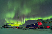February 9, 2019 - A display of subtly coloured curtains over the Churchill Northern Studies Centre, Churchill, Manitoba, Canada. The curtains exhibited rapid rippling this night.
