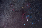 A portrait of Orion and the northern winter Milky Way, on a February night, 2020. The Orion Nebula is the bright, overexposed pink glow below the Belt of Orion, while the curving arc of red is Barnard’s Loop, now thought to be a supernova remnant. The bright red glow at upper left is the Rosette Nebula. Red Betelgeuse was at its minimum then, at about the same brightness as Bellatrix to the right, Betelgeuse is usually about as bright as blue-white Rigel at lower right. 
