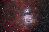 The Orion Nebula, aka Messier 42, at centre, with the blue Running Man Nebula (NGC 1973-5-7) above it. The smaller nebula attached to the top edge of M42 is M43. The blue star cluster at top above the Running Man is NGC 1981; the loose star cluster below M42 is NGC 1980. 
