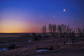 March 26, 2020 - The trio of (L to R) Saturn, Mars and Jupiter in conjunction in the dawn twilight, taken from Alberta, Canada. 
