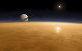 Titan's atmosphere is more thick and massive than Earth's. It contains mostly nitrogen and various hydrocarbons. The atmosphere is so thick that it blocks most sunlight from reaching the surface. When the Sun's ultrviolet rays hit the atmosphere, they break down the methane in the atmosphere into other hydrocarbons. This is also how the thick orange smog around Titan is created.