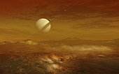 Saturn is seen here in the background from the enigmatic moon Titan, which is the second largest moon in the solar system, with a diameter of about 5 150 km. It has a highly thick, orange atmosphere that covers the entire surface. There are many different kinds of carbohydrates in the atmosphere, but nitrogen is the dominant substance. . . Here you see a lake of ethane, and some freshly fallen ice on the surface. In actuality the atmosphere is so thick you would not be able to see Saturn this clearly.