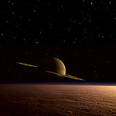 The ringed gas-giant Saturn floats some 1,220,000 kilometres in the background beyond Titan. The orange cloud-cover of Titan is made up almost entirely of nitrogen with traces of methane, ethane and other gases. Titan is the second largest satellite in the solar system with a diameter of 5150 kilometres. Beneath the heavy cloud cover lies a rock and ice surface with oceans of liquid methane. The Cassini-Huygens Probe landed January 18, 2005 on the rocky pebble-strewn terrain of Titan after sinking through miles-thick smog.