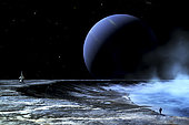 An astronaut is standing on the edge of a lake of liquid methane at the bottom of a large impact crater. Exploring the moon of a distant gaseous planet is a lonely and dangerous calling for a lone space traveler.