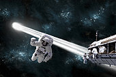 Artist's concept of an astronaut floating in outer space while his fellow astronauts work on a space station. A comet passes dangerously close to their location.