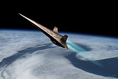 An unmanned scramjet flys toward outer space near the edge of Earth's atmosphere. The twin engines use the thin air for oxygen.
