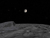 Artist's concept of a view across the surface of Themisto towards Jupiter and its moons. This is how Jupiter and its Galilean satellites may appear from the surface of Jupiter's tiny moon Themisto. In this image the artist is suggesting that Themisto has an ancient, dusty and heavily cratered surface with the occasional, and fanciful, outcropping of dirty water ice. . . At a distance of 4.7 million miles, Jupiter subtends an angle of 1.1 degrees (the moon subtends an angle of 0.5 degrees in Earth's sky). The Galilean satellites are, left to right, Ganymede, Europa, Io, and on the far right Callisto. Not much is known about Themisto. It was first discovered in 1975, then lost, then rediscovered in 2000. Themisto is the next significant body orbiting Jupiter beyond Callisto. Beyond Themisto are another 54 known jovian satellites, the furthest of which has an orbital radius of 19 million miles. . With a mean diameter of only 5 miles and an albedo (surface brightness) about half that of the Moon, no earthbound telescope or interplanetary probe has yet revealed any details of Themisto's surface. This satellite is far too small to host an atmosphere, and too small even for its own gravity to pull it into a spherical shape like its relatively massive Galilean cousins. A visiting astronaut could easily propel him/herself into orbit with a single jump.