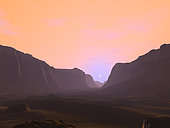 Artist's concept of how a martian sunrise might look from the bottom of a deep canyon. The Sun is surrounded by a bluish halo due to dust in the martian atmosphere. . . During the martian day, this dust absorbs the blue light from the Sun, resulting in an overall salmon colored sky, but it also scatters some of the blue light into the area immediately around the Sun. The blue color only becomes apparent near sunrise and sunset, when the light has to pass through the most amount of dust. The canyon is representative of the land forms found in the Olympica Fossae region, located in northern Tharsis, south of the Alba Patera volcano.