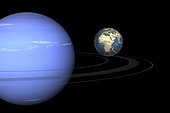 Artist' concept of Neptune and Earth. Neptune, a gas giant, is the planet furthest from the Sun. Neptune's diameter is four times that of the Earth's.