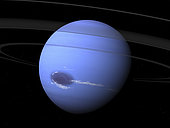 Artist's concept showing how Neptune's Great Dark Spot and rings may have looked in 1989 from a position just beneath Neptune's ring plane. The outermost Adams ring is near the top of the frame, and beneath that is the much broader and diffuse Lassell ring. Further in toward Neptune and abutting the Lassell ring is the thin LeVerrier ring, and beyond that is the diffuse Galle ring. . The Great Dark Spot is believed to be a storm similar to, but only half the size of, Jupiter's Great Red Spot. While Jupiter's Great Red Spot has been raging for at least 400 years, subsequent observations of Neptune's Great Dark Spot in 1994 by the Hubble Space Telescope revealed that this storm has since disappeared. . The Great Dark Spot was a very dynamic weather system, generating massive, white clouds similar to high-altitude cirrus clouds on Earth. Unlike cirrus clouds on Earth however, which are composed of crystals of water ice, Neptune's cirrus clouds are made up of crystals of frozen methane. Neptune's clouds are driven by winds of 1,200 mph, the fastest winds of any planet in the Solar System. How such high-velocity winds come to be on a planet so far from the Sun is still a mystery.