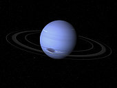 Artist's concept showing how Neptune might look from a position in space above the plane of its rings. Like Uranus, Neptune is a gas giant, composed primarily of hydrogen and helium gases surrounding a relatively small, dense core of molten rock and metal. Also like Uranus, Neptune has charcoal-colored rings, although they appear to be fewer in number than Uranus's. While Neptune's diameter is slightly less than Uranus', it has more mass. Neptune's blue color is due to the presence of methane in its upper atmosphere. The dark spot in the southern hemisphere beneath the rings, dubbed The Great Dark Spot, is believed to be a giant storm which was active in 1989 when Voyager 2 photographed Neptune. . . Just beyond the rings at Neptune's 7 o'clock position, barely discernable from the background stars, is the tiny satellite Proteus. With an average diameter of 260 miles, Proteus is the second-largest of Neptune's eight known satellites (a distant second compared to Neptune's largest satellite Triton which has a diameter of 1,677 miles). Further in toward the rings at Neptune's 4 o'clock position is the even smaller satellite Larissa with an average diameter of 120 miles.
