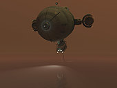 A manned blimp tows a sensor through one of Titan's many bodies of liquid ethane in search of new discoveries. A blimp would be an efficient form of transportation given Titan's combination of high atmospheric pressure and low surface gravity.