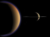 Artist's concept of how Saturn and Titan might look from a position in orbit around Titan. While in reality Saturn is vastly larger than Titan, it appears smaller here because Titan's orbit puts Saturn at a distance of about 700 thousand miles. Sunlight filtering through Titan's upper atmospheric haze, extending over 300 miles above the surface, gives a bluish cast to its limb.