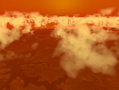Artist's concept of methane clouds over Titan's south pole. In October 2004 the Cassini orbiter revealed for the first time what may be highly reflective (in the infrared at least) methane clouds over Titan's south pole. This image suggests how those clouds may appear from within the cloud deck itself. The Sun is visible immediately above, though from this great distance the Sun appears to be only 1/10th its diameter from Earth.