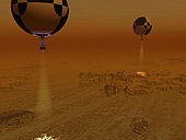 A pair of balloon-borne probes leisurely survey a methane-ethane swamp on Titan. Each probe carries its own spot light illuminating the terrain below, augmenting the haze-filtered sunlight. . . Scientists have long speculated that methane and ethane may exist as liquids on Titan's extremely cold surface, but it wasn't until 2005 that the Cassini spacecraft's radar imager detected what indeed may be large hydrocarbon lakes on Titan's northern latitudes. While it is believed that the liquid in these lakes would be primarily methane and ethane, this won't be confirmed until the lakes are actually sampled. Whatever lies on Titan's surface, there is the possibility that the ancient and exotic environment has given rise to compounds heretofore unknown on Earth. . Large quantities of Methane and ethane exist in Earth's relatively warm environment as components of natural gas.