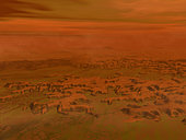 Artist's concept of the surface of Saturn's moon Titan. Initially astronomers thought that Titan's entire surface may be covered by a liquid hydrocarbon ocean. More recent observations in infrared wavelengths suggest otherwise. In this image the artist is suggesting that Titan may be host to extremely cold ethane-methane swamps.